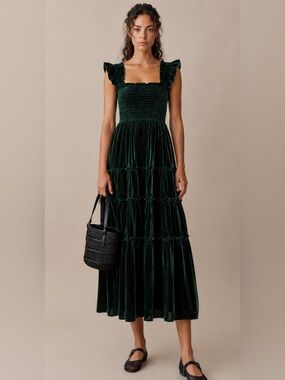 NWT Kourt Calypso Velvet Smocked Emerald Forest Few Moda Smocked Maxi S